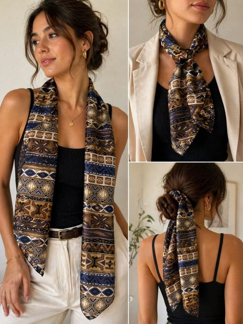 Silk Brown & Navy Patterned Scarf - Women Accessories